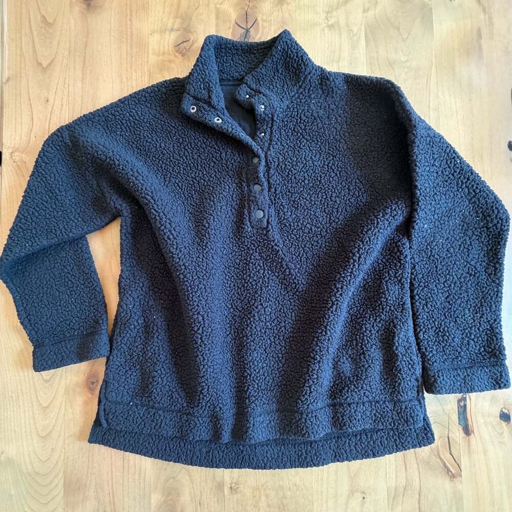 Aerie Women's Black Sherpa Fleece Pullover Snap Up Sweatshirt Size Medium